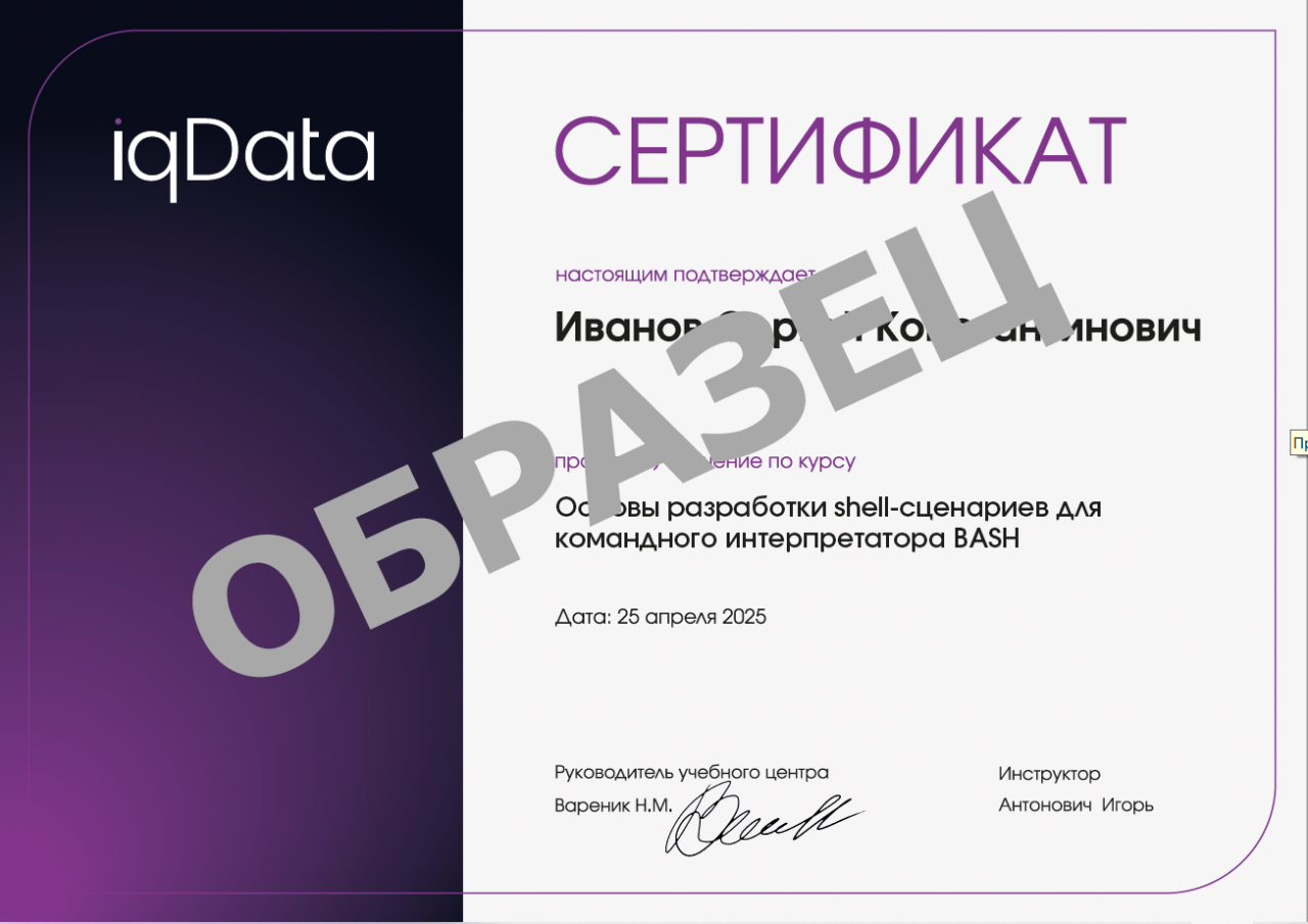 сертификат iqData об обучении на курсе